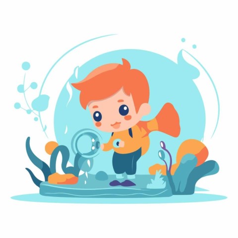 Cute little boy exploring underwater world in cartoon style