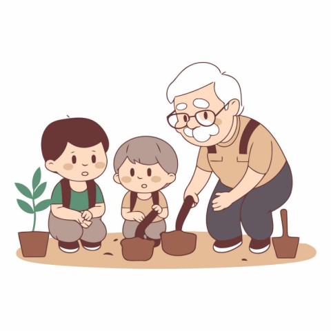 Grandfather and grandson planting seedlings in the garden.