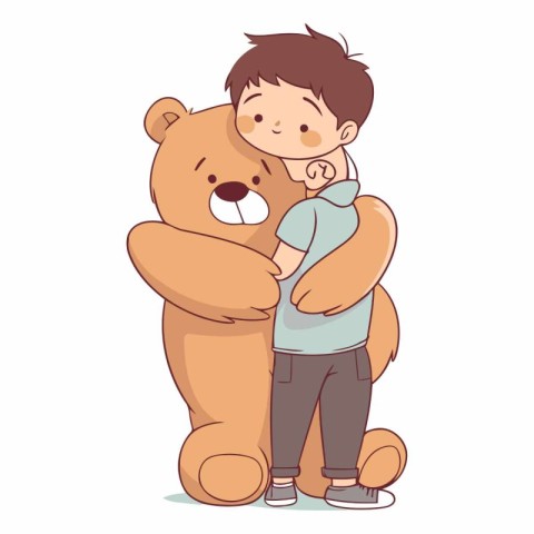 Vector illustration of a little boy hugging a big teddy bear.