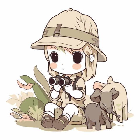 Girl in safari outfit with a dog and binoculars.