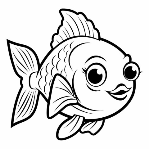 Cute Fish - Black and White Cartoon Illustration. Isolated On Wh