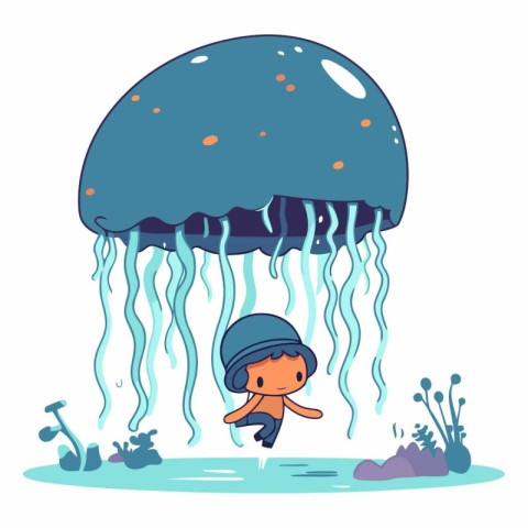 Cartoon little boy swimming in a jellyfish.