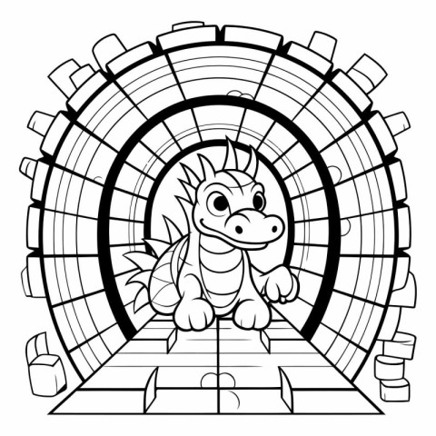 Dragon in a tunnel. Black and white vector illustration for colo