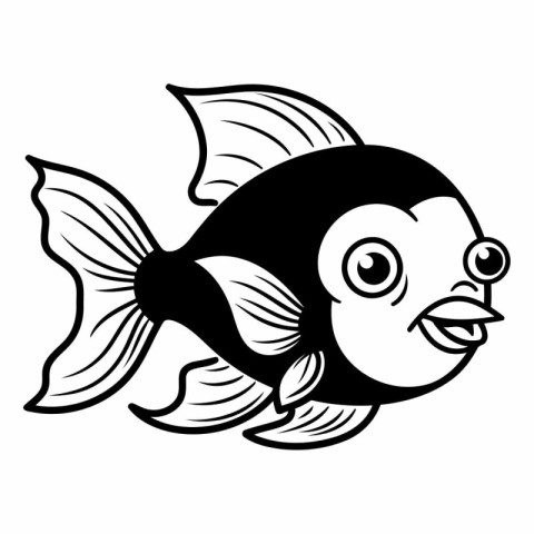 Black and White Cartoon Illustration of a Cute Fish Animal Chara