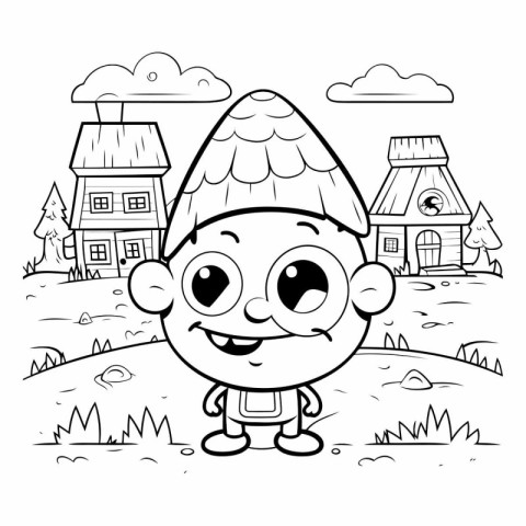 Coloring Page Outline Of cartoon boy in the village.