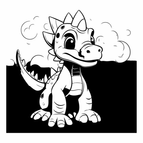 Black and White Cartoon Illustration of Cute Little Dinosaur Ani