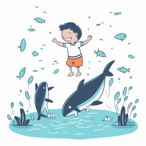 Little boy jumping in the sea with a big whale