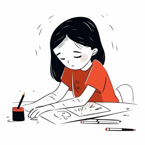 Little girl drawing with pencils in cartoon style.