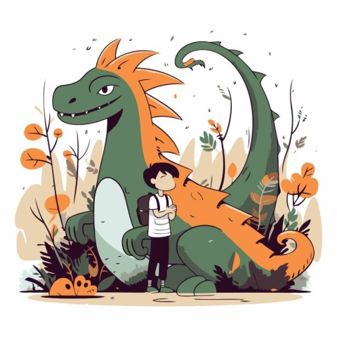 Boy with backpack and dinosaur in flat cartoon style.