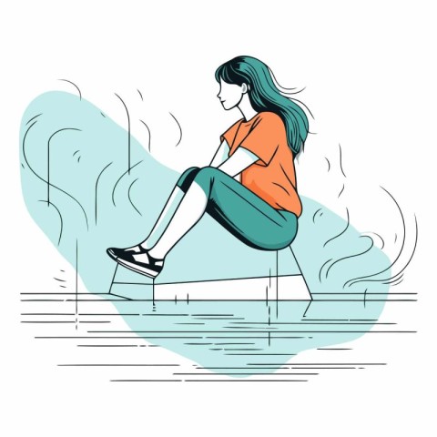 Young woman sitting on the edge of a pond.