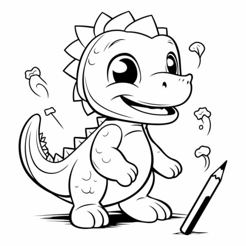 Cute Dinosaur Drawing with Pencil - Black and White Cartoon Illu