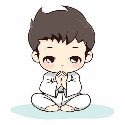 Cute karate boy sitting and thinking. Vector cartoon illustratio