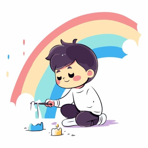 Cute little boy playing with rainbow and candle.