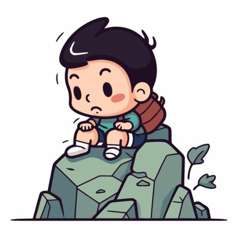 Cute little boy sitting on a rock in cartoon style.