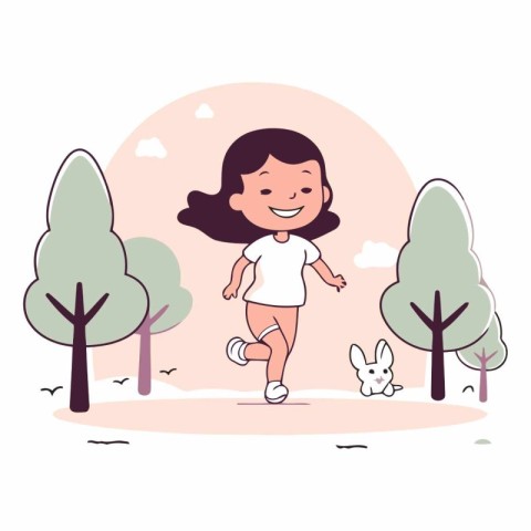 Cute little girl running in the park in cartoon style.