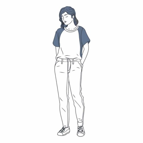 Young woman in casual clothes. Vector sketch illustration isolat