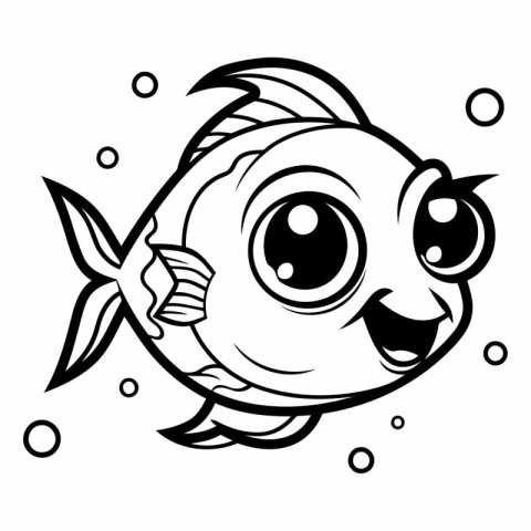 Black and White Cartoon Illustration of Cute Fish Character for