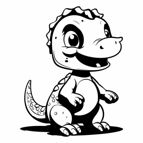 Cute Cartoon Dinosaur - Black and White Vector Illustration. Iso