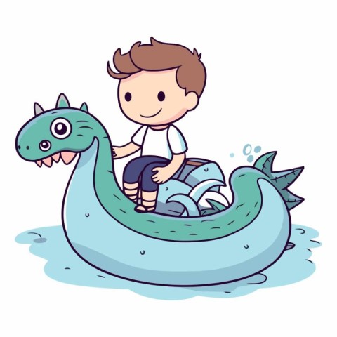 Cute little boy riding a dragon boat. Vector cartoon illustratio