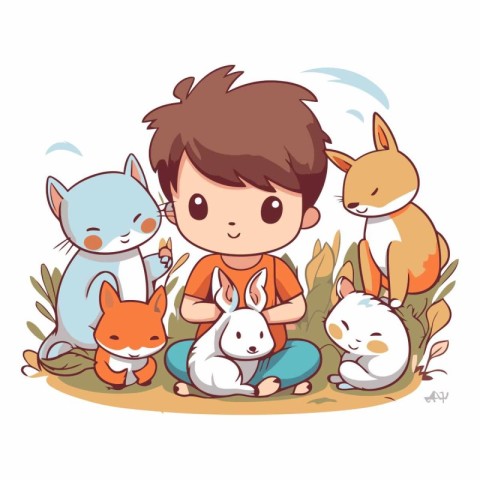 Cute little boy playing with pets of a boy playing with animals.