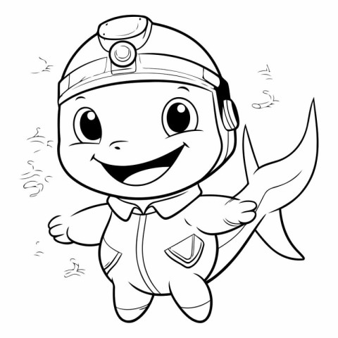 Black and White Cartoon Illustration of Cute Little Fireman Char