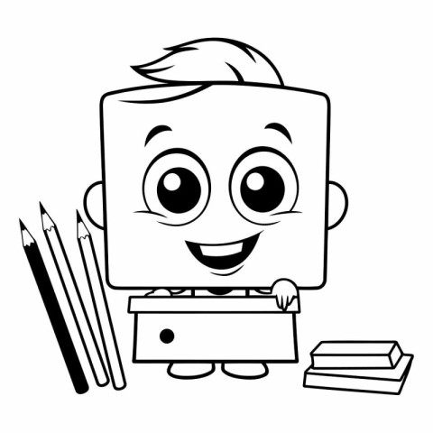 Black and White Cartoon Illustration of Happy Student Boy Charac