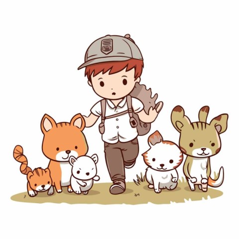 Illustration of a Cute Little Boy Walking with Cats and Dogs