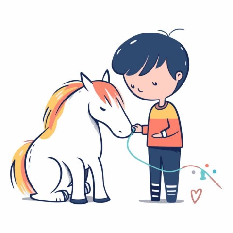 Little boy playing with a white horse. Cute cartoon vector illus