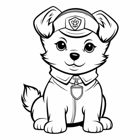 Black and White Cartoon Illustration of Cute Puppy Police Dog Co