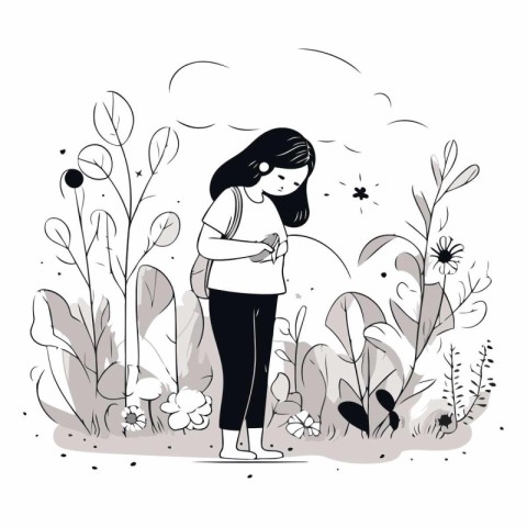 Pregnant woman in the garden. Hand drawn vector illustration.