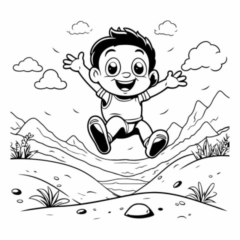 Black and White Cartoon Illustration of Happy Kid Playing on the