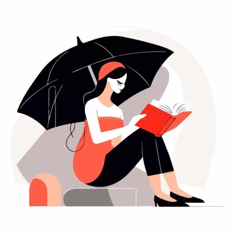 Young woman sitting under an umbrella and reading a book. Flat v