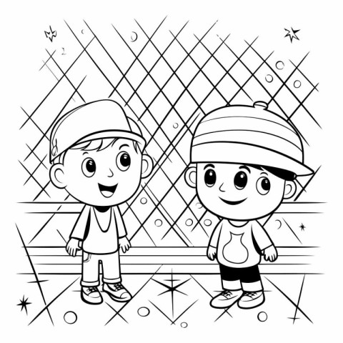 Boy and girl in baseball cap. Black and white vector illustratio