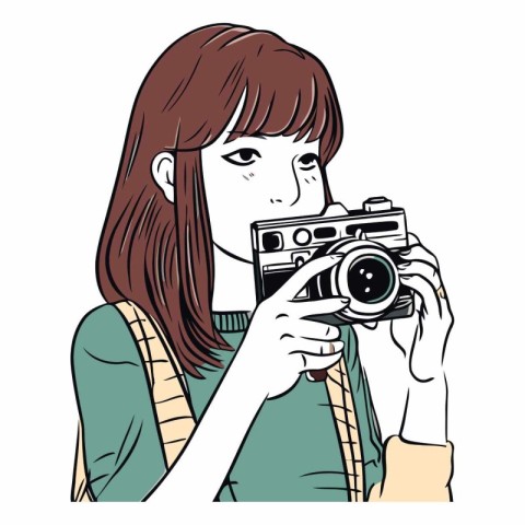 woman taking a photo with a vintage camera. hand drawn vector il