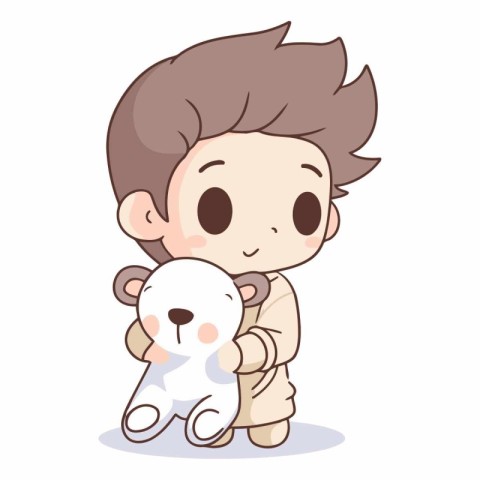 Cute boy holding a teddy bear. Vector cartoon illustration.