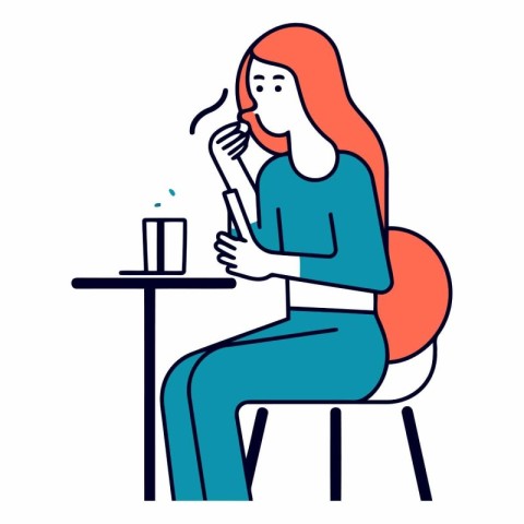 Vector illustration of a woman sitting at a table with a cup of