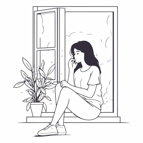 Sad woman sitting on the windowsill. Black and white vector illu