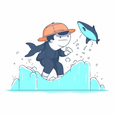 Illustration of a little boy in a swimsuit and a cap playing wit