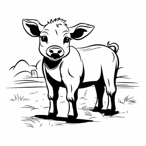 Vector illustration of a cow on a farm. Black and white image.