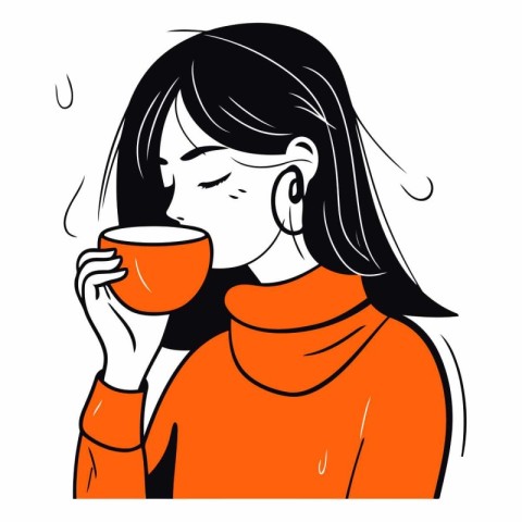 Vector illustration of a young woman with a cup of hot drink.