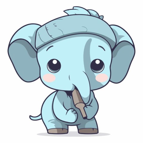 Cute baby elephant playing wooden flute. Vector cartoon illustra