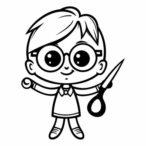 Cute little boy with scissors for coloring book.