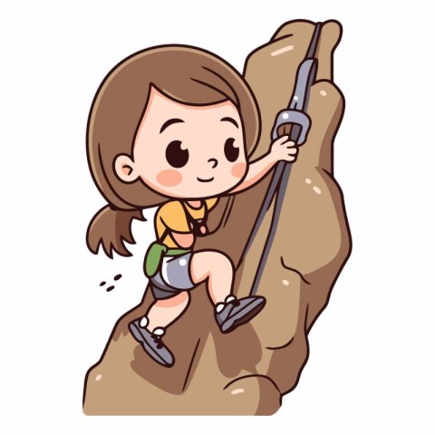 Cute little girl climbing on a cliff. Cartoon vector illustratio