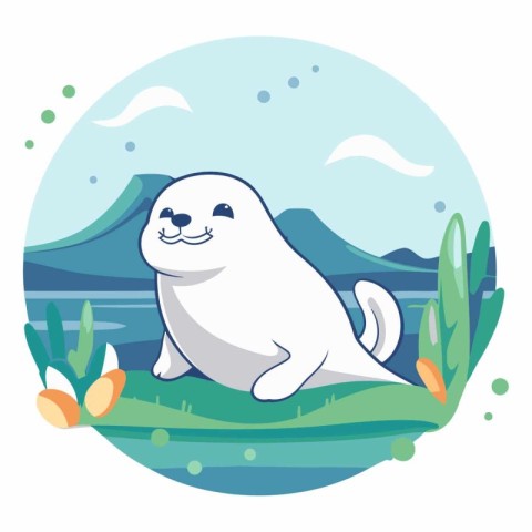 Cute seal on the background of the lake and mountains.