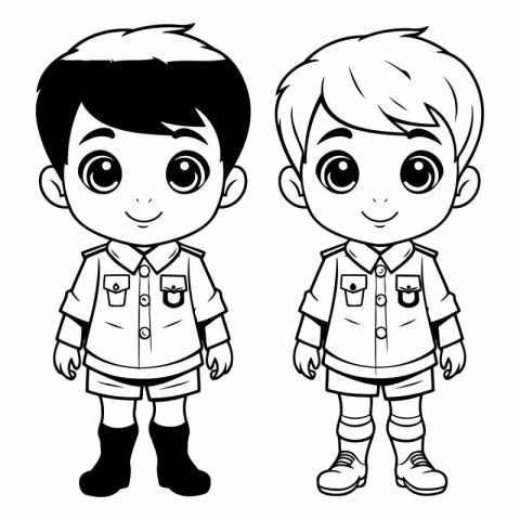 Black and White Cartoon Illustration of Cute Little Boy and Girl