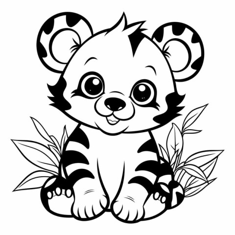 Cute baby tiger with leaves. Black and white vector illustration