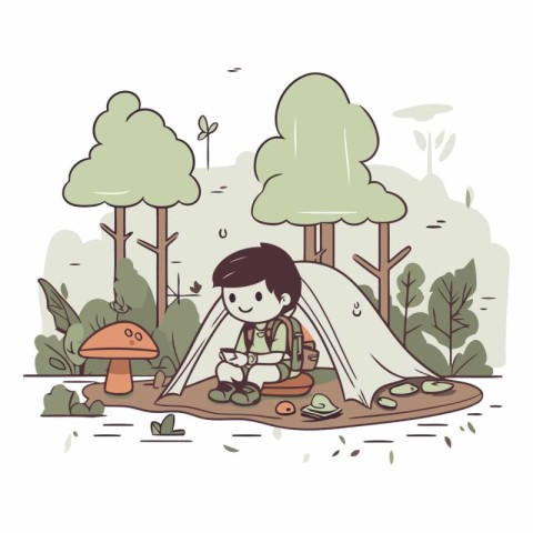 Vector illustration of a boy camping in the forest with a tent.