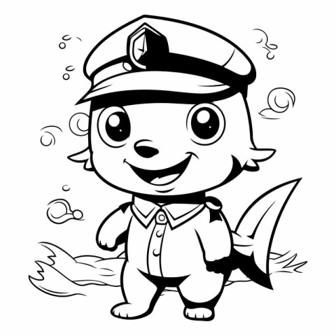 Black and White Cartoon Illustration of Cute Little Pirate Capta