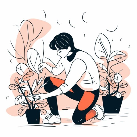 Woman planting houseplants in line art style.