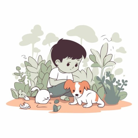 Little boy playing with dog in the garden. Cute cartoon vector i